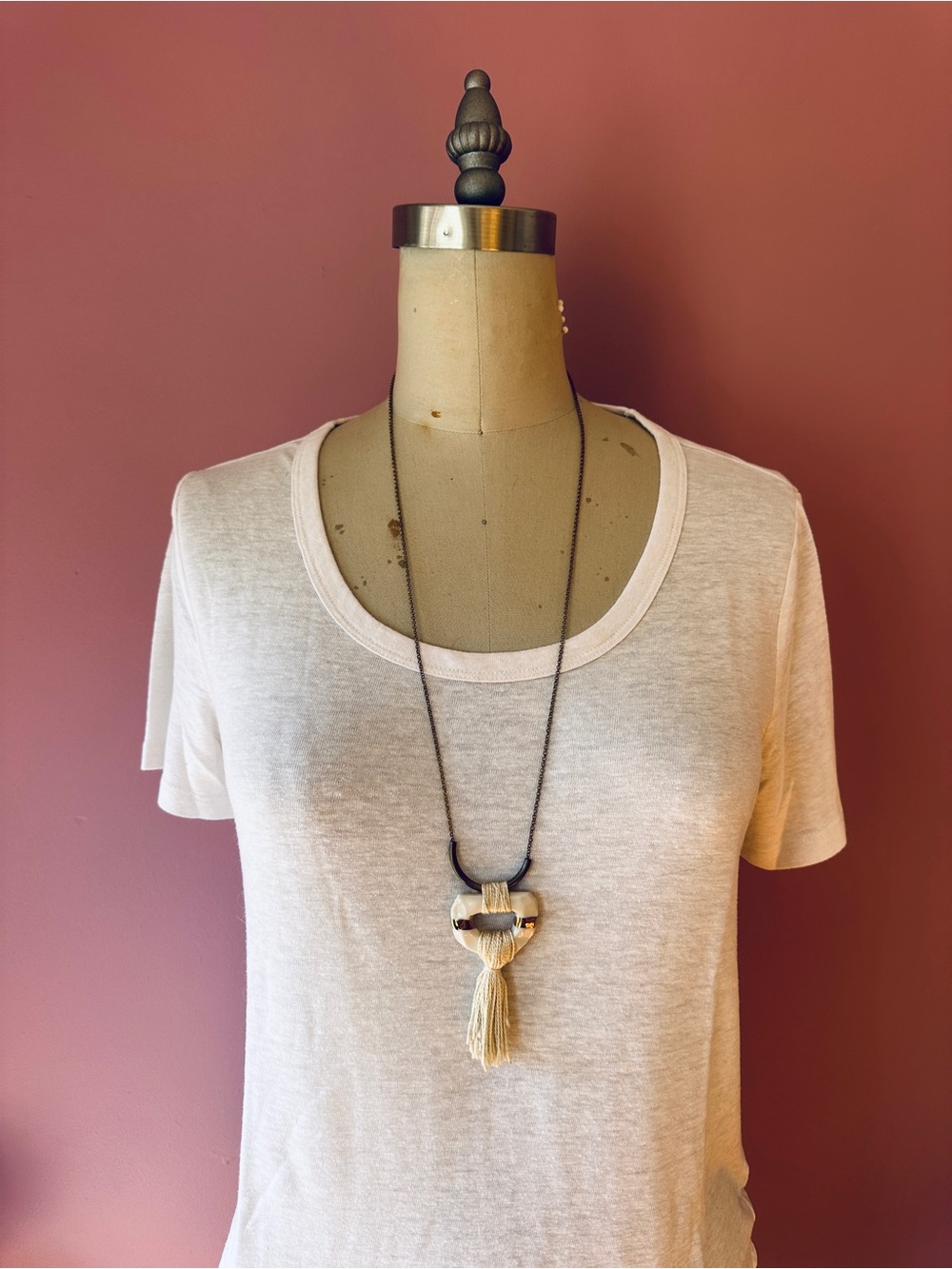 Ceramic Pendant Necklace with Cream Tassel